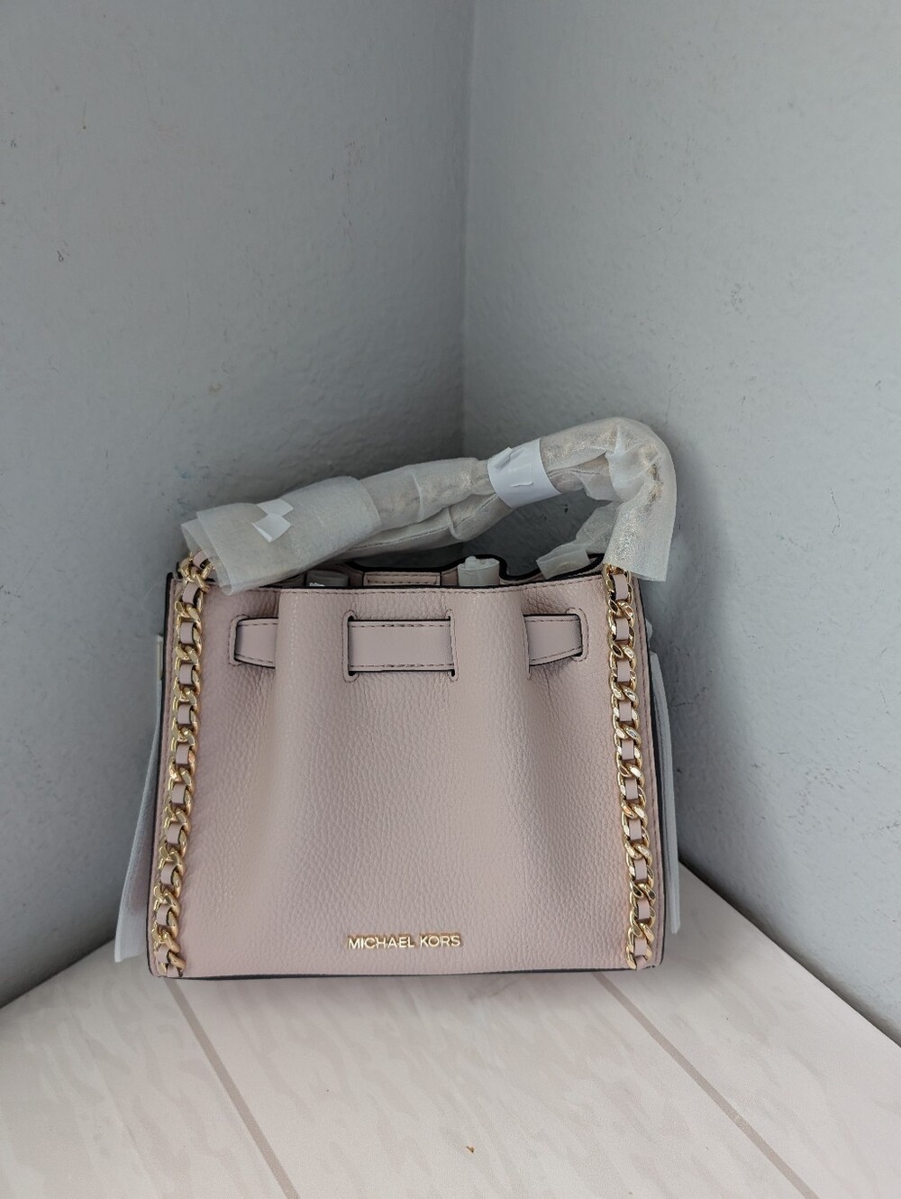 NWT Michael Kors Mina Small MK Belted Chain Shoulder Crossbody Bag  Powder Blush
